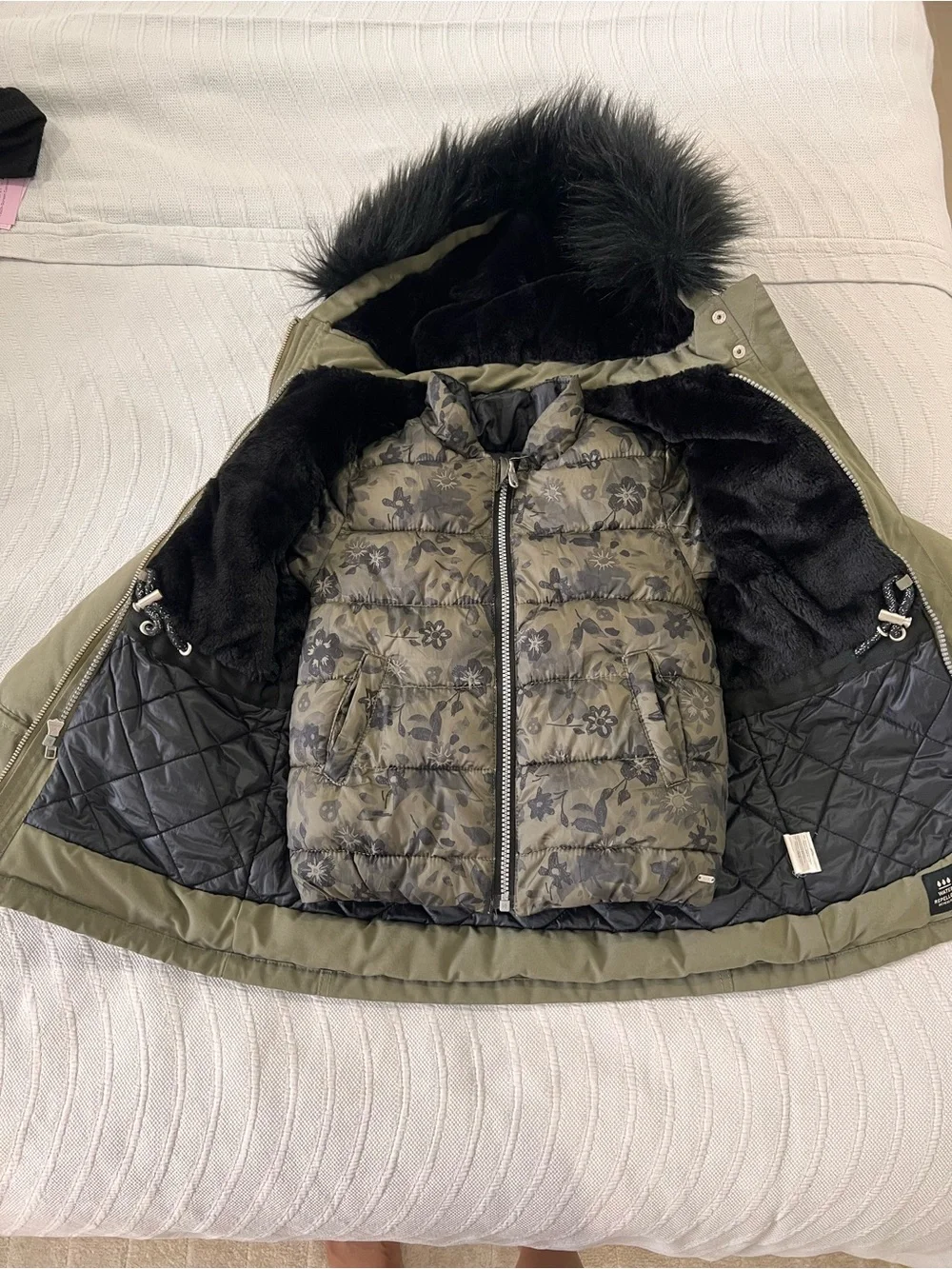 Olive Green Hooded Parka Jacket with Faux Fur Trim